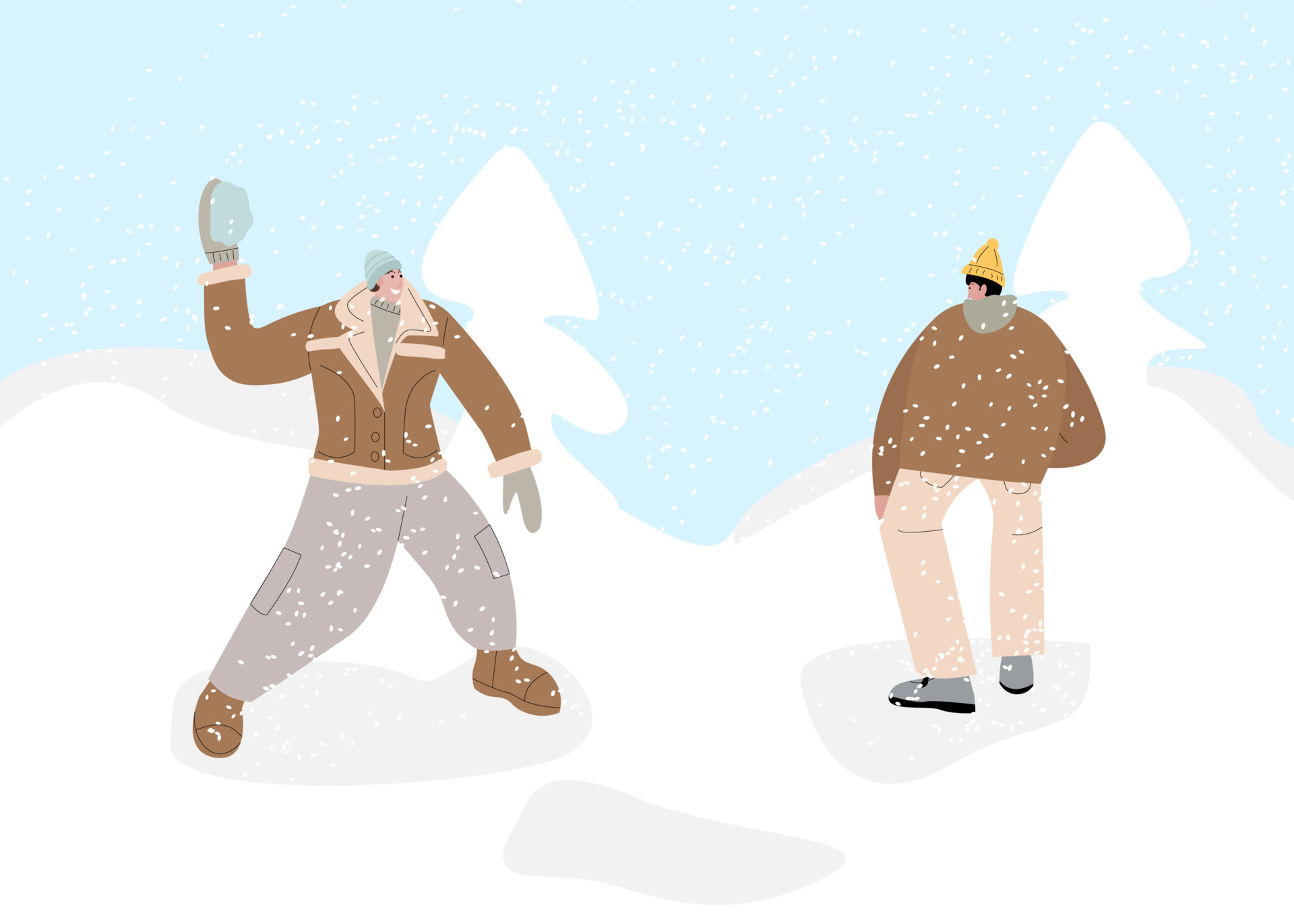 Couple people play snowballs fun game in winter snow landscape vector ...