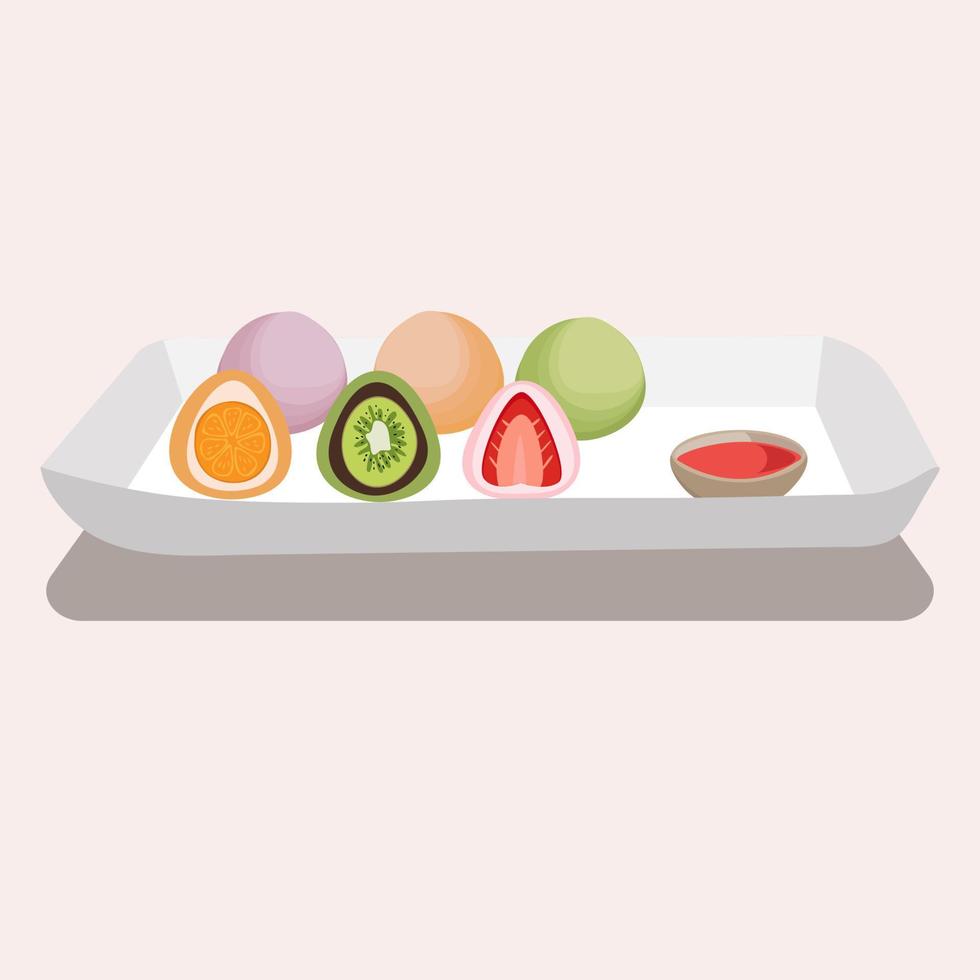Mochi set. japanese dessert. Sweet asian food in pastel colors. Vector isolated illustration.