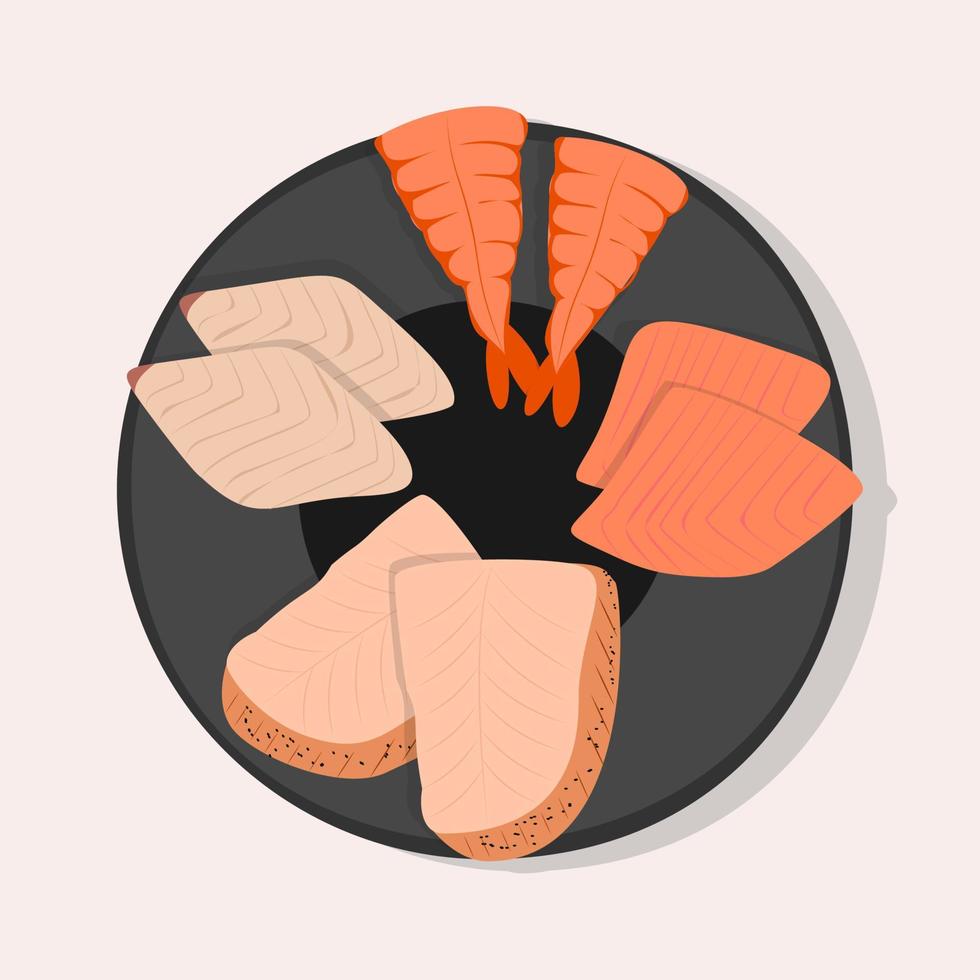 Japanese national cuisine, fish slicing. Sashimi Vector illustration.