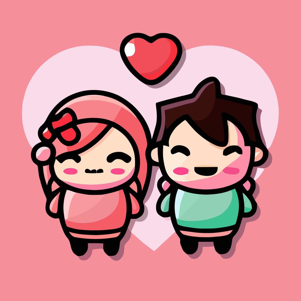 Cute chibi heart couple in love valentine kawaii illustration for valentines day vector