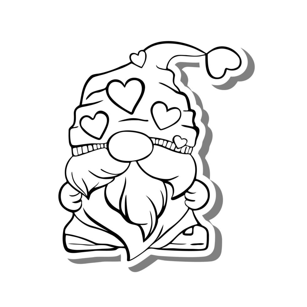 Gnome Man wearing a hat decorated with hearts on white silhouette and gray shadow. hand-drawn graphics. Vector illustration about Valentine Day theme.
