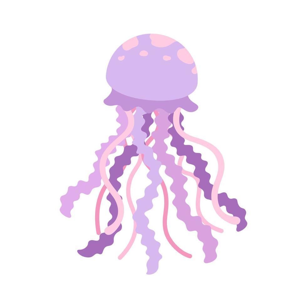 Jellyfish vector art illustration. Underwater marine animal cartoon design. Flat pastel purple and pink monochrome design on dark background.