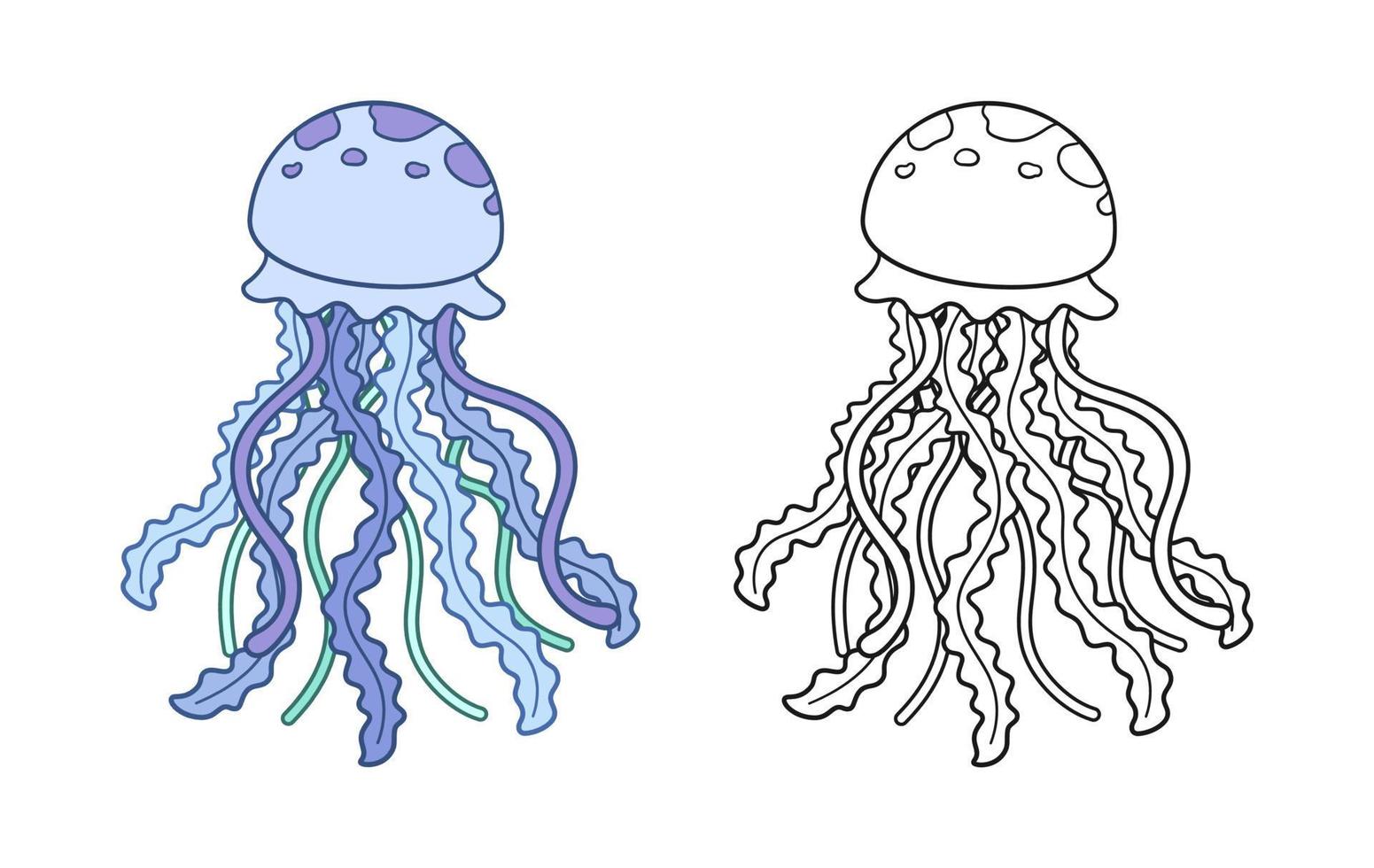 Cute cartoon jellyfish outline set vector art illustration. Underwater marine animal cartoon design. Coloring book page activity for kids
