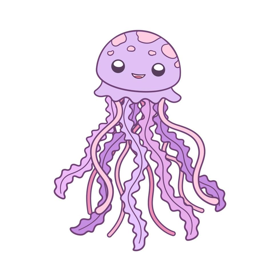 Happy smiling jellyfish vector art illustration. Underwater marine animal cartoon design. Flat pastel purple and pink monochrome design on white background.