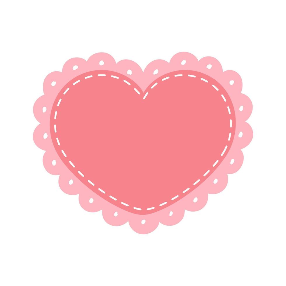 Scalloped Edge Stitched Heart Frame Badge Vector. Simple label sticker template. Cute Valentines Day frill ornament. Vector illustration isolated on white background.