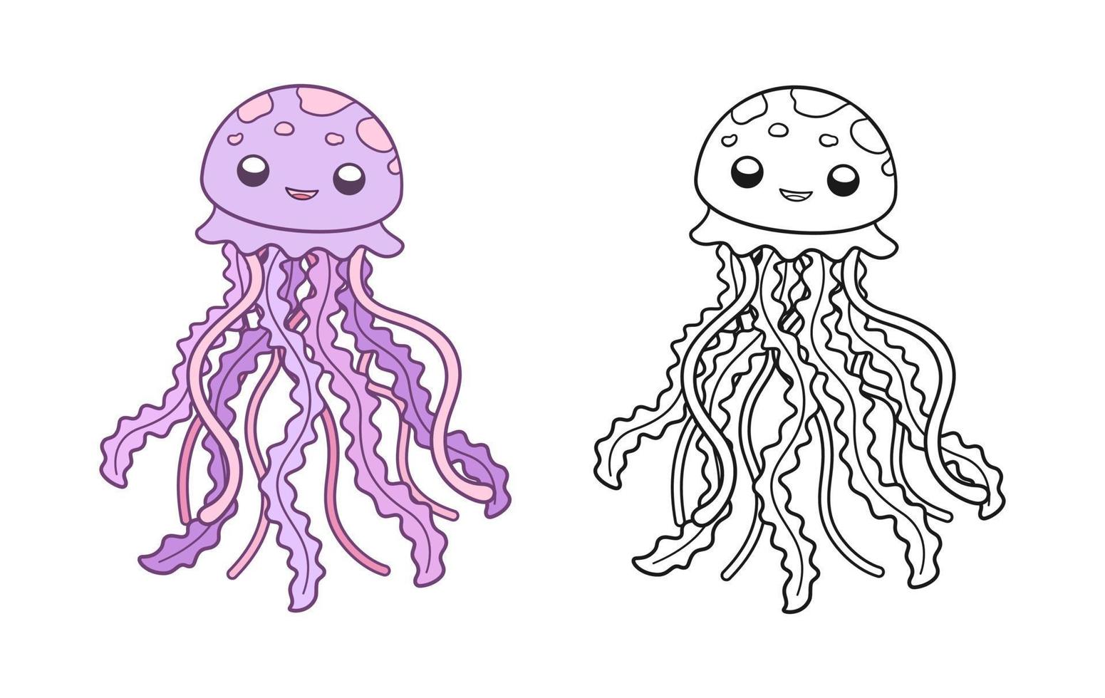 esquema de medusa sonriente feliz conjunto ilustración de arte vectorial. diseño de dibujos animados de animales marinos bajo el agua. actividad de página de libro para colorear para niños vector