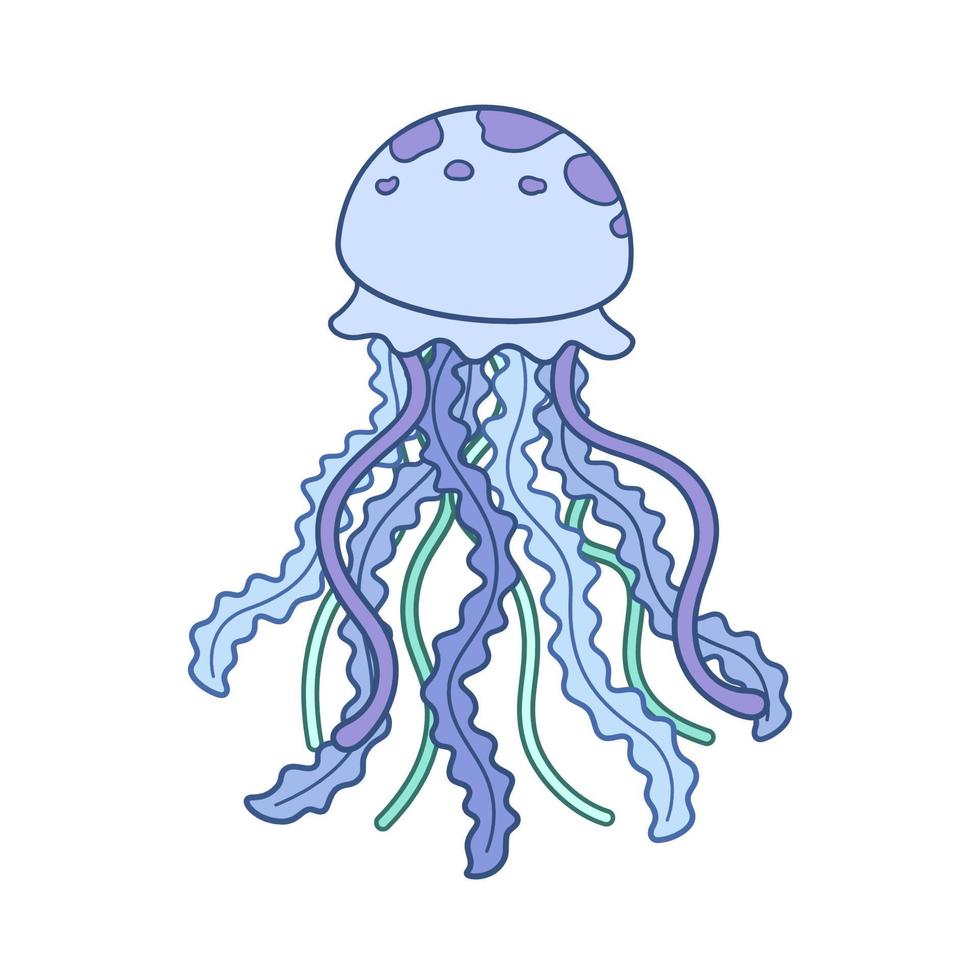 Jellyfish cartoon vector art illustration. Underwater marine animal design. Flat pastel blue and mint green monochrome design on white background.