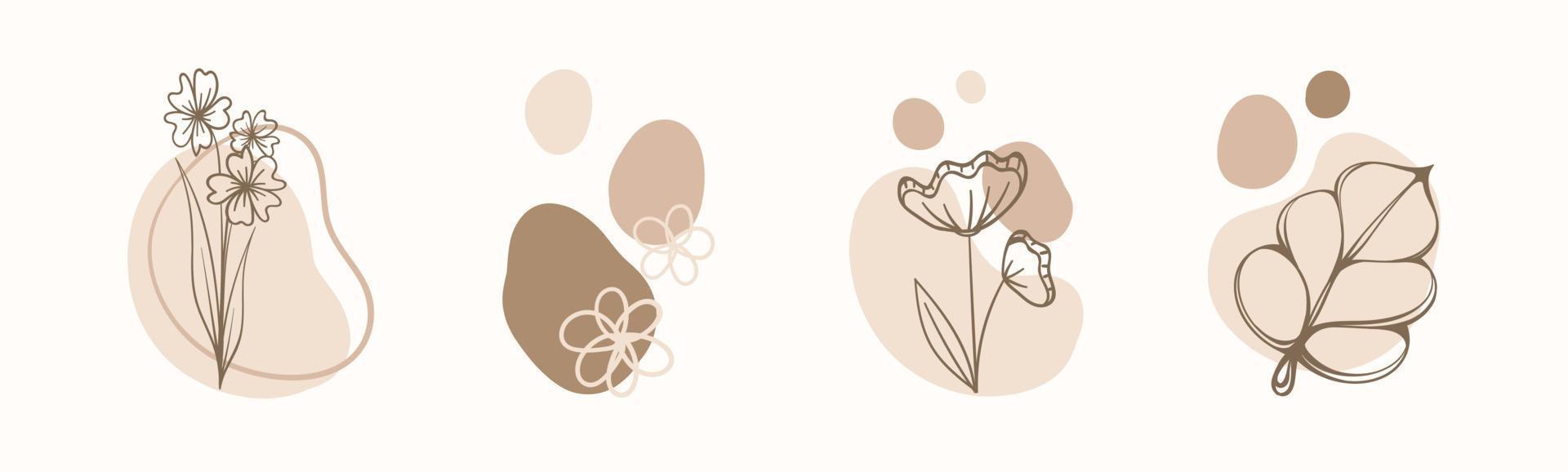 Abstract Boho Floral simple minimalist hand drawn art set. Modern aesthetic illustrations. Bohemian style collection of contemporary artistic design element. vector