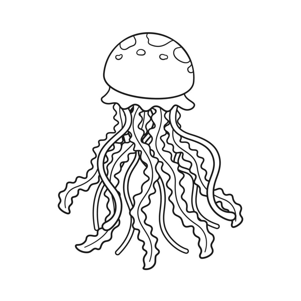 Cute cartoon jellyfish outline vector art illustration. Underwater marine animal cartoon design. Coloring book page activity for kids