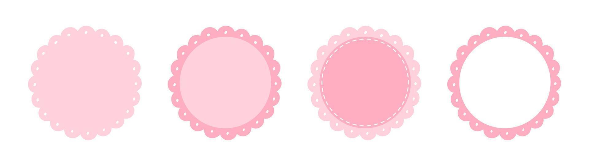Scalloped Edge Stitched Circle Badge Vector Set. Simple label sticker frame template. Cute vintage frill ornament. Vector illustration isolated on white background.