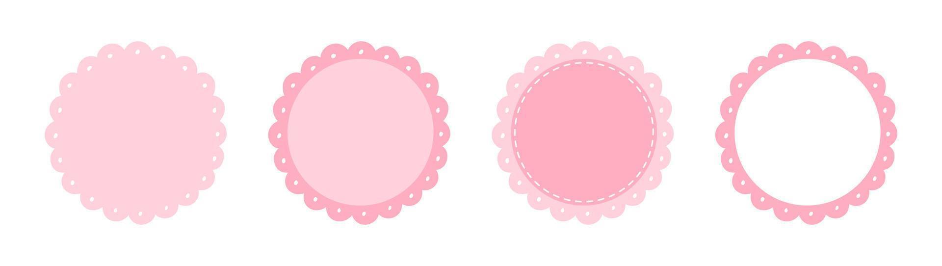 Scalloped Edge Stitched Circle Badge Vector Set. Simple label sticker frame template. Cute vintage frill ornament. Vector illustration isolated on white background.