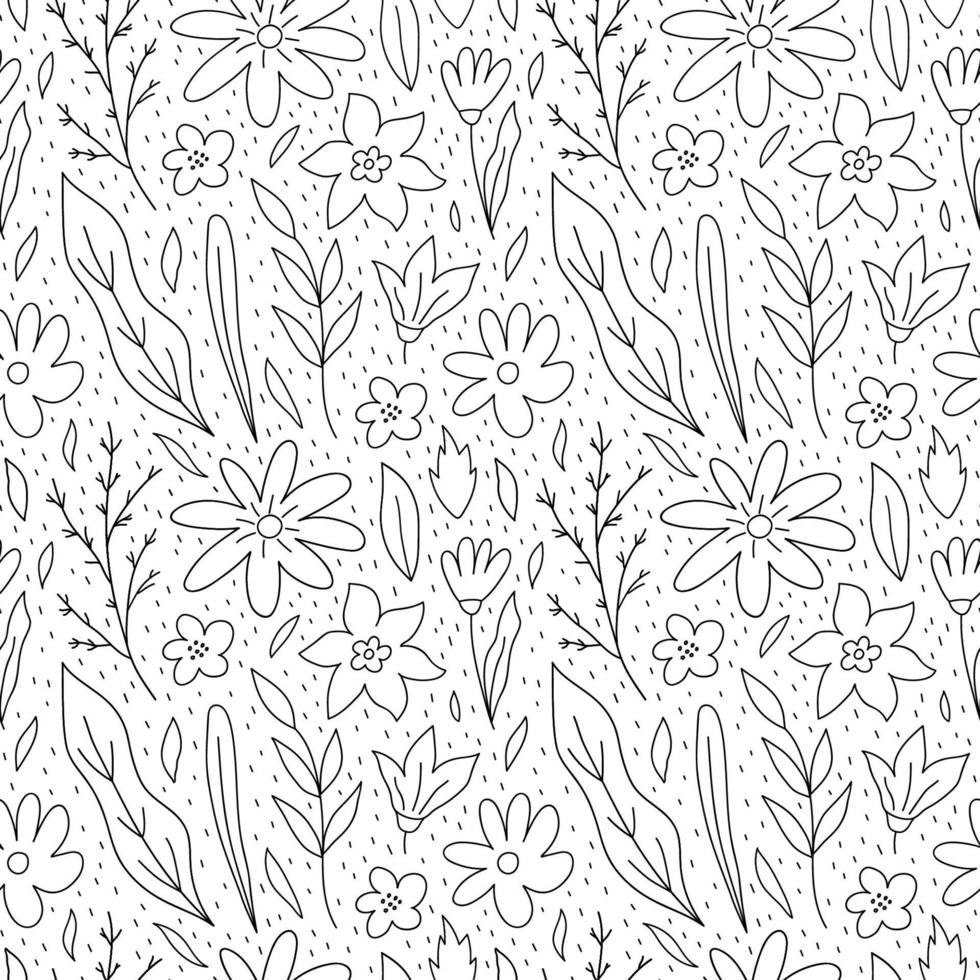 Botanical seamless pattern with flowers, leaves and branches. Vector hand-drawn illustration in doodle style. Perfect for decorations, wallpaper, wrapping paper, fabric. Floral background.