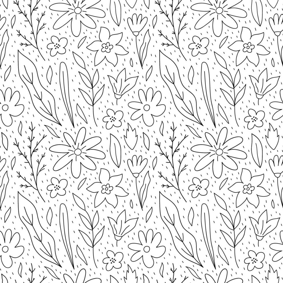 Botanical seamless pattern with flowers, leaves and branches. Vector hand-drawn illustration in doodle style. Perfect for decorations, wallpaper, wrapping paper, fabric. Floral background.