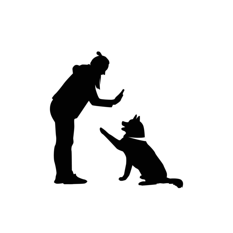 Vector silhouette of a woman with a dog on white background