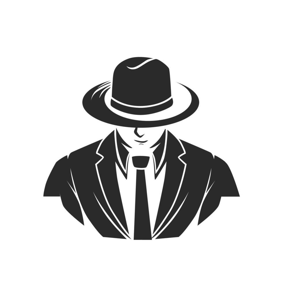 Mafia character abstract silhouette men head in hat . Vintage vector illustration