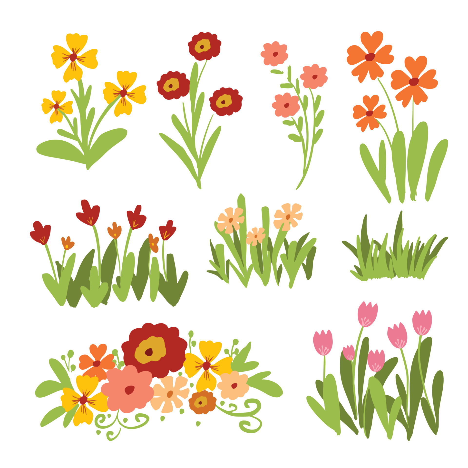 Hand drawn spring flower and leaf collection Vector Illustration ...