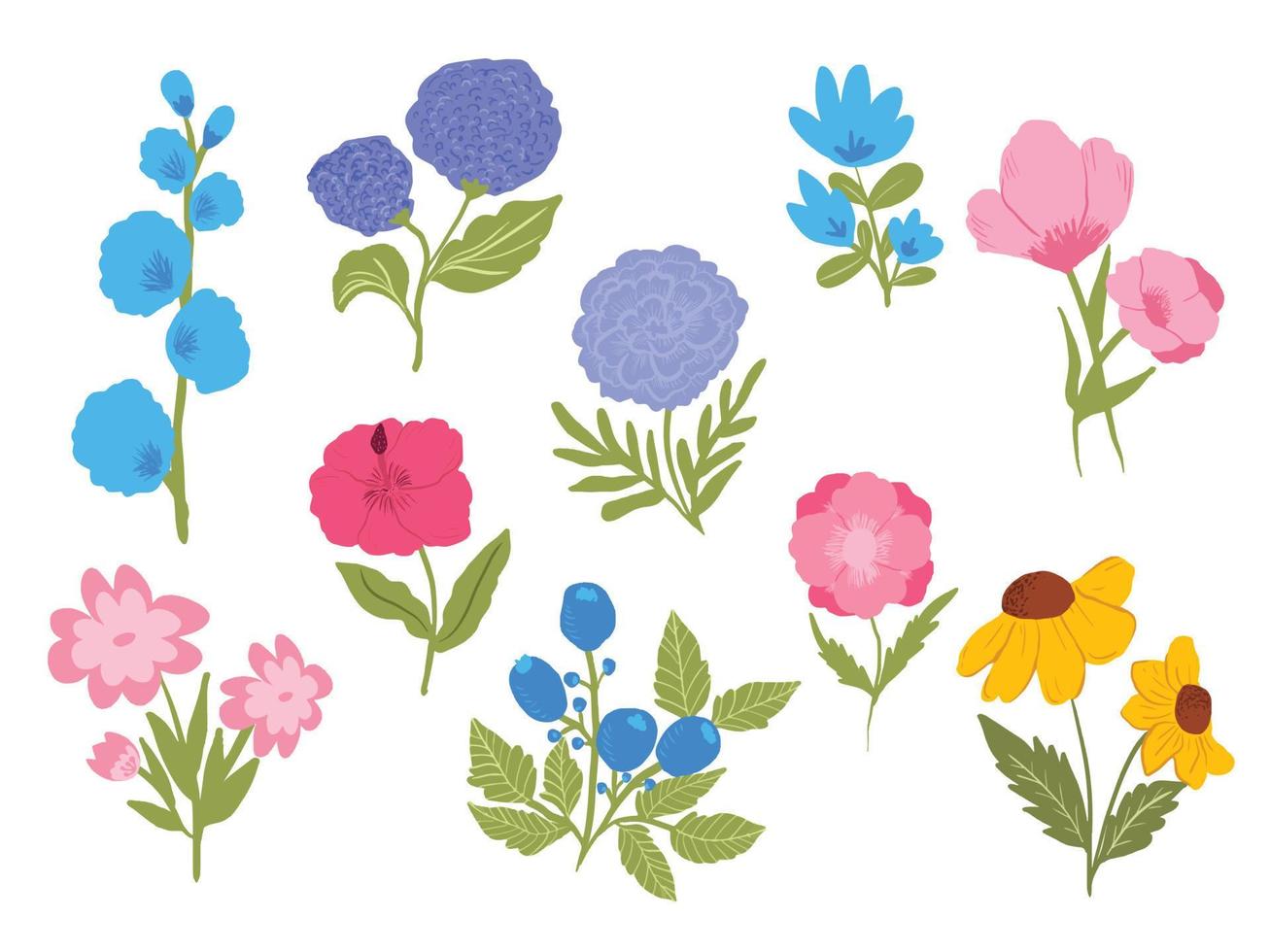 dibujado a mano ilustración de vector de colección de flores y hojas de primavera