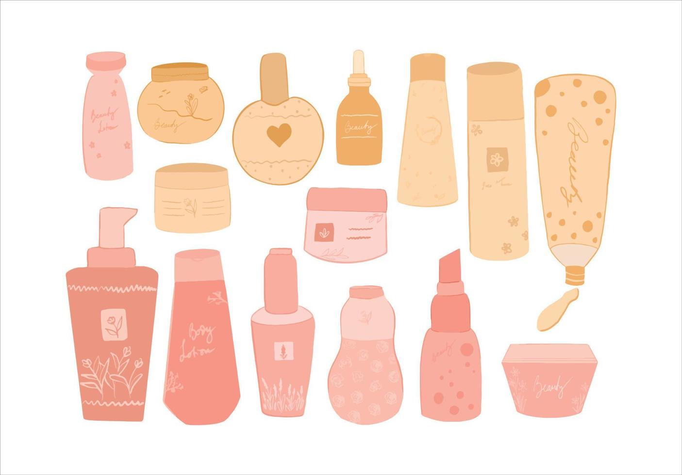 Beauty products, cosmetics for skin and hair care set vector illustrations of bottles, tubes, and jar
