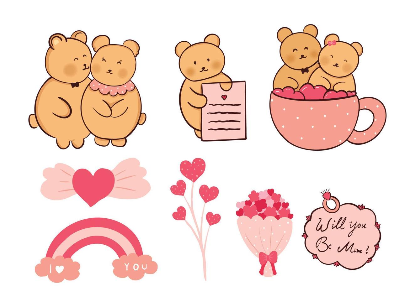 Vector Flat Valentines day celebration Teddy bear flower gift love Illustration