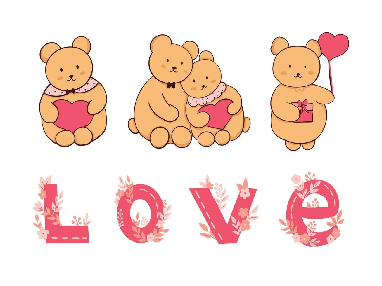 Vector Flat Valentines day celebration Teddy bear flower gift love Illustration