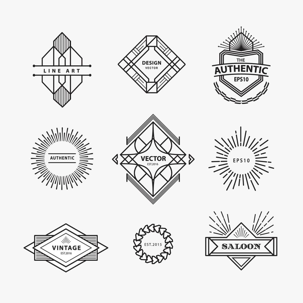 Set of vintage linear thin line geometric shape art deco retro design elements with badge vector