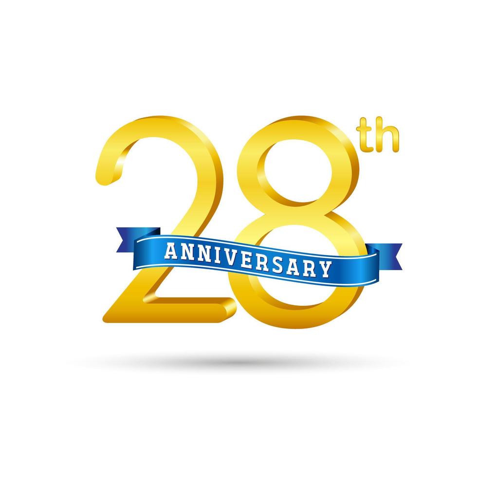 28th golden Anniversary logo with blue ribbon isolated on white background. 3d gold Anniversary logo vector