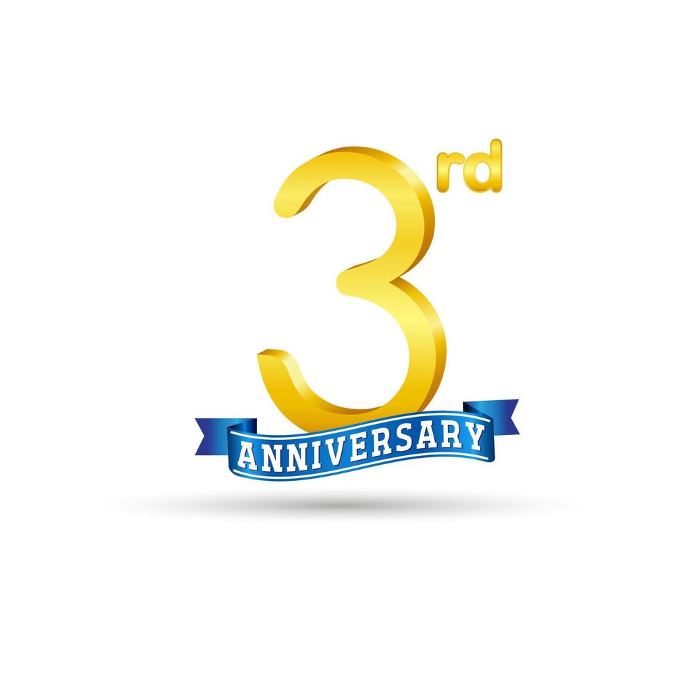 3rd golden Anniversary logo with blue ribbon isolated on white background. 3d gold Anniversary logo vector