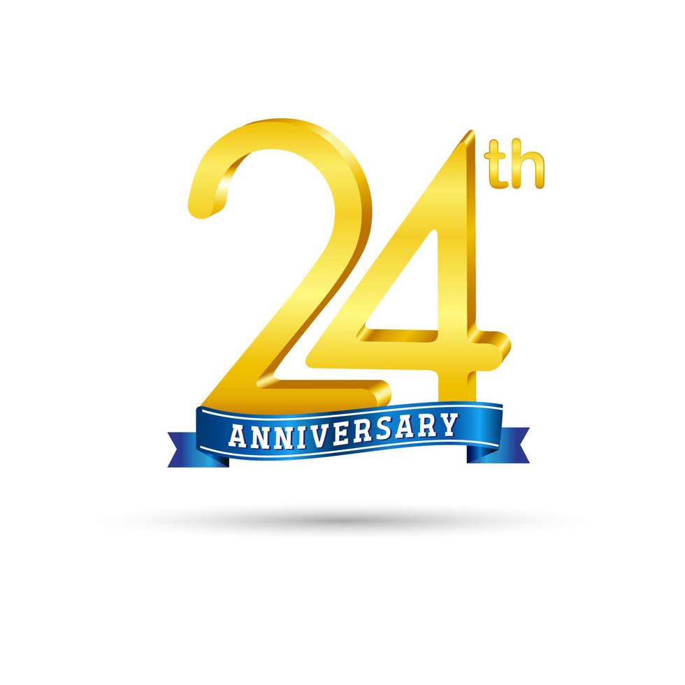 Logo del 24 aniversario de oro con cinta azul aislada en fondo blanco. logotipo de aniversario de oro 3d vector