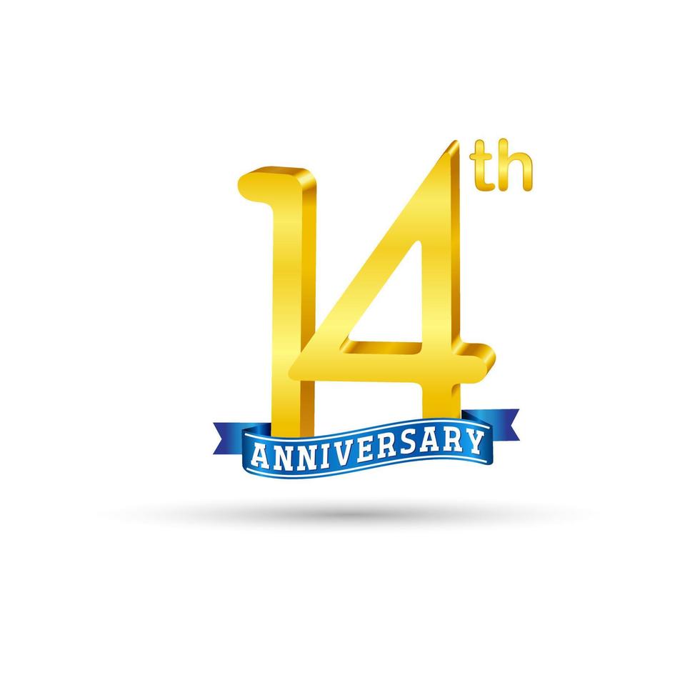 Logo del 14 aniversario de oro con cinta azul aislada en fondo blanco. logotipo de aniversario de oro 3d vector