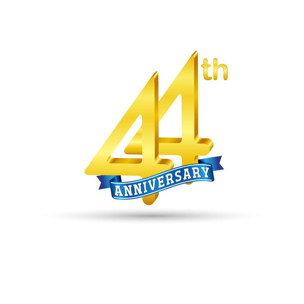 Logotipo del 44 aniversario de oro con cinta azul aislada en fondo blanco. logotipo de aniversario de oro 3d vector