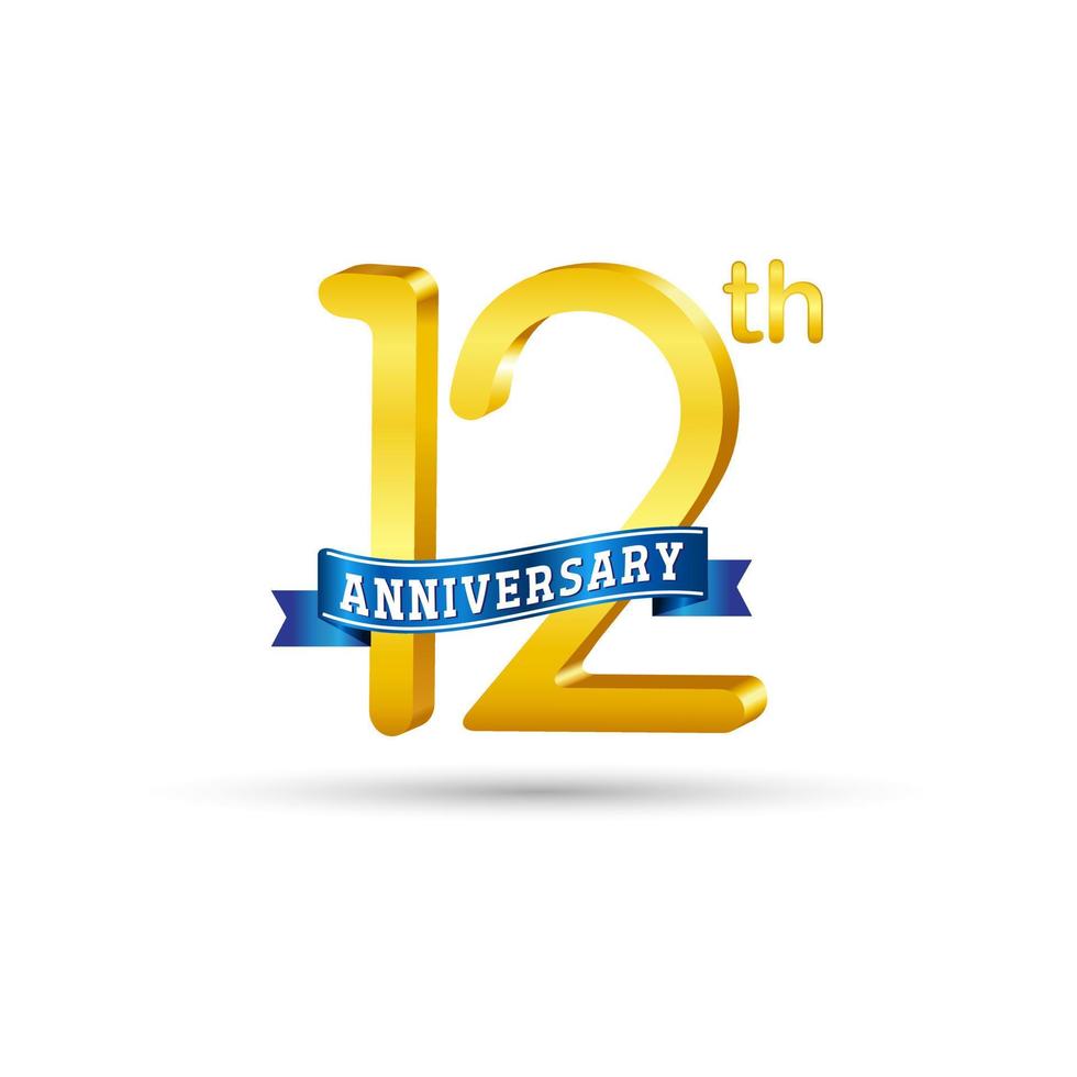 12th golden Anniversary logo with blue ribbon isolated on white background. 3d gold Anniversary logo vector