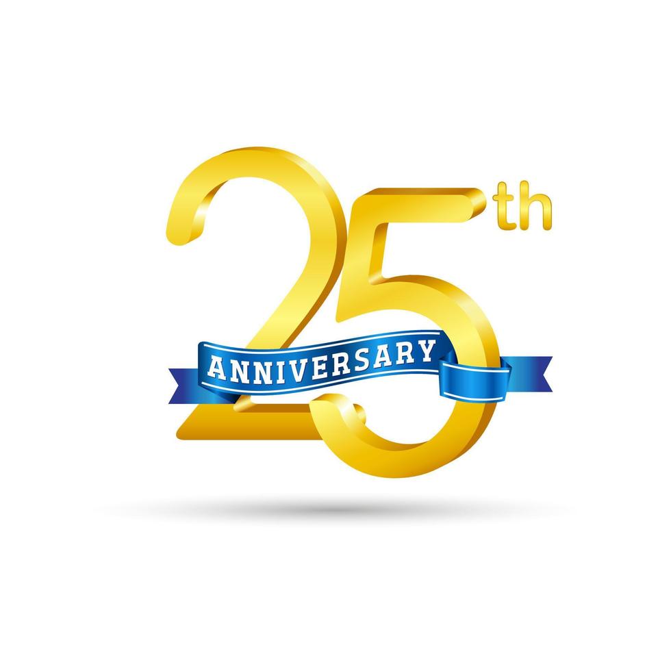 Logo del 25 aniversario de oro con cinta azul aislada en fondo blanco. logotipo de aniversario de oro 3d vector