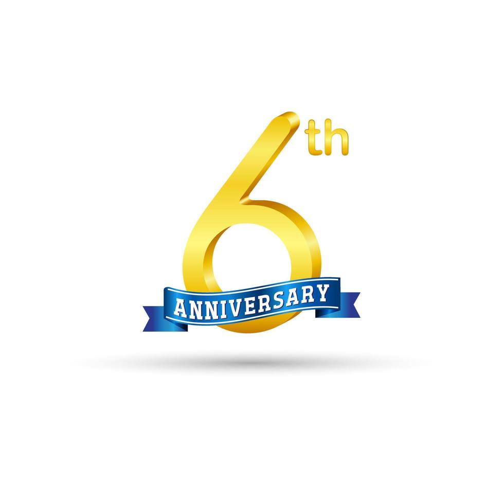 6th golden Anniversary logo with blue ribbon isolated on white background. 3d gold Anniversary logo vector