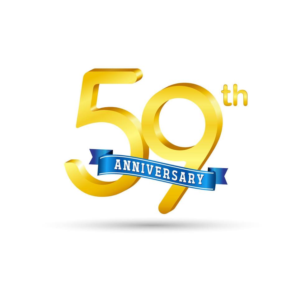 59th golden Anniversary logo with blue ribbon isolated on white background. 3d gold Anniversary logo vector