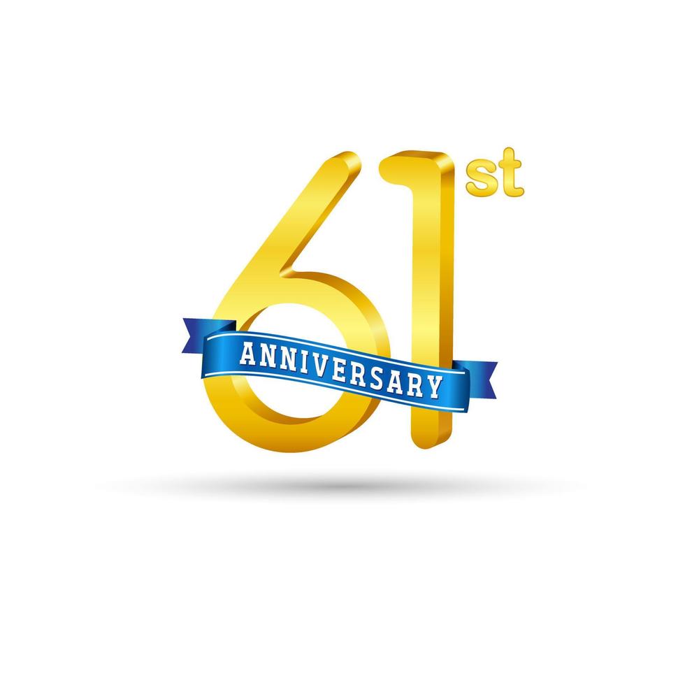 61st golden Anniversary logo with blue ribbon isolated on white background. 3d gold Anniversary logo vector
