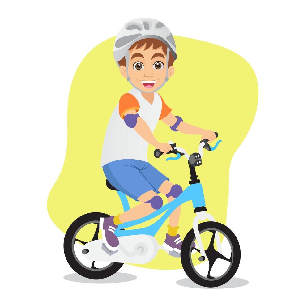 lindo, caricatura, niño pequeño, equitación, bicicleta, aislado, blanco, plano de fondo vector