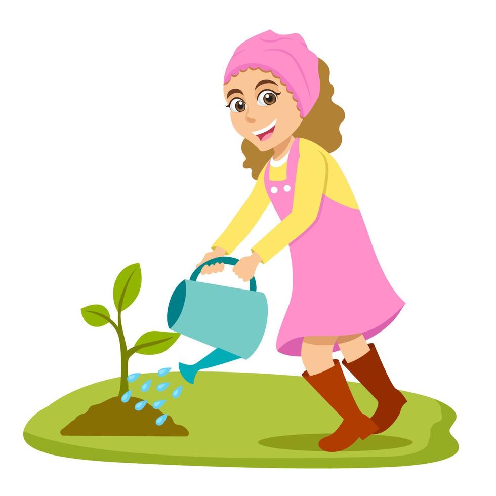 Cute cartoon little girl watering a tree isolated on white background vector
