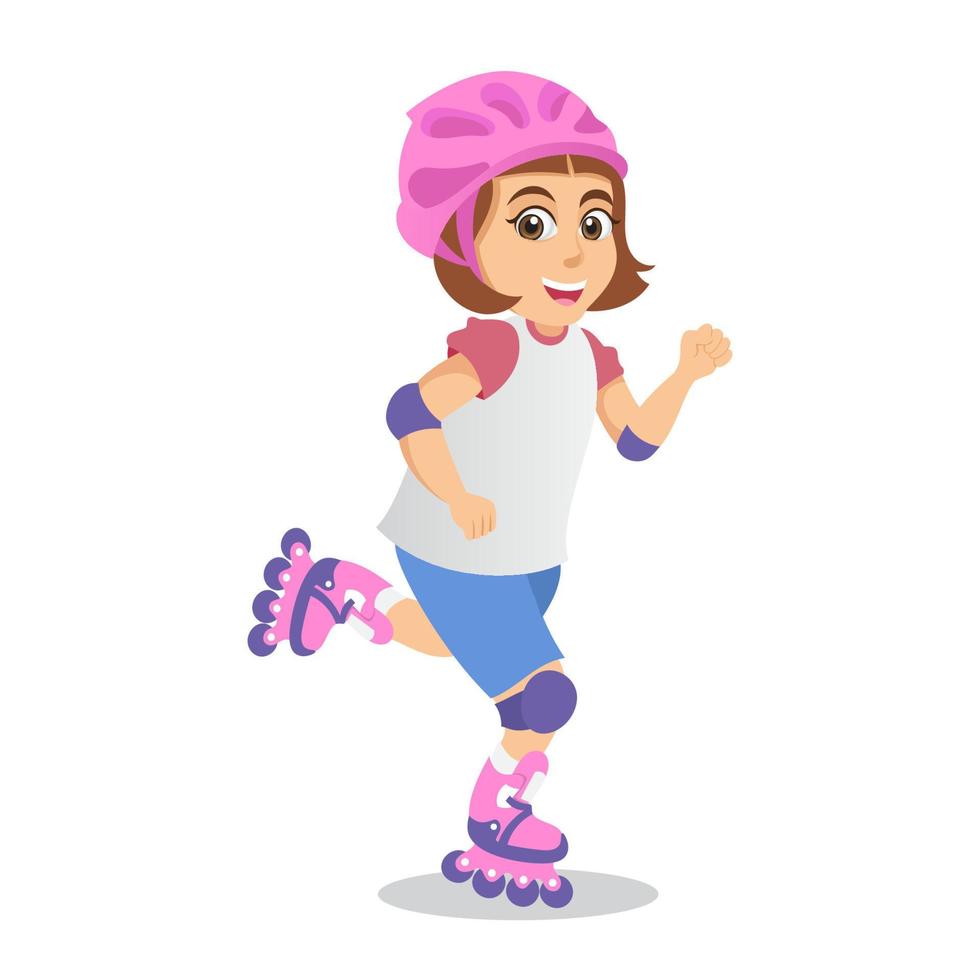 Cute cartoon little girl roller blading isolated on white background vector