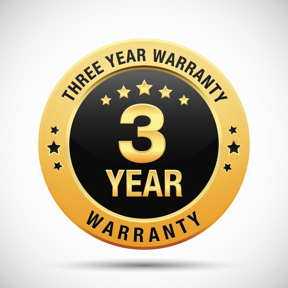 3 years warranty golden badge isolated on white background vector