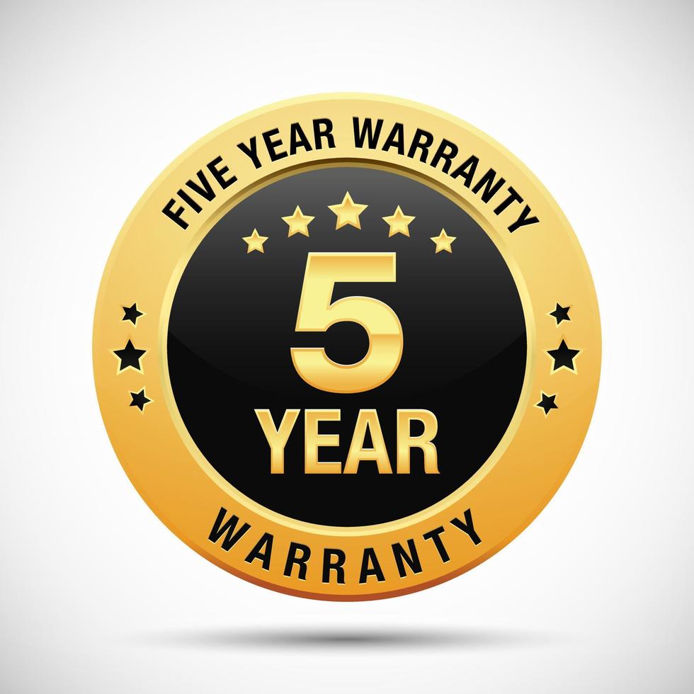 5 years warranty golden badge isolated on white background vector