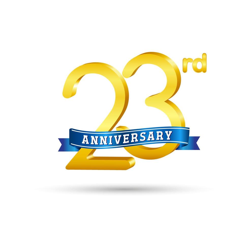 Logotipo del 23 aniversario de oro con cinta azul aislada en fondo blanco vector