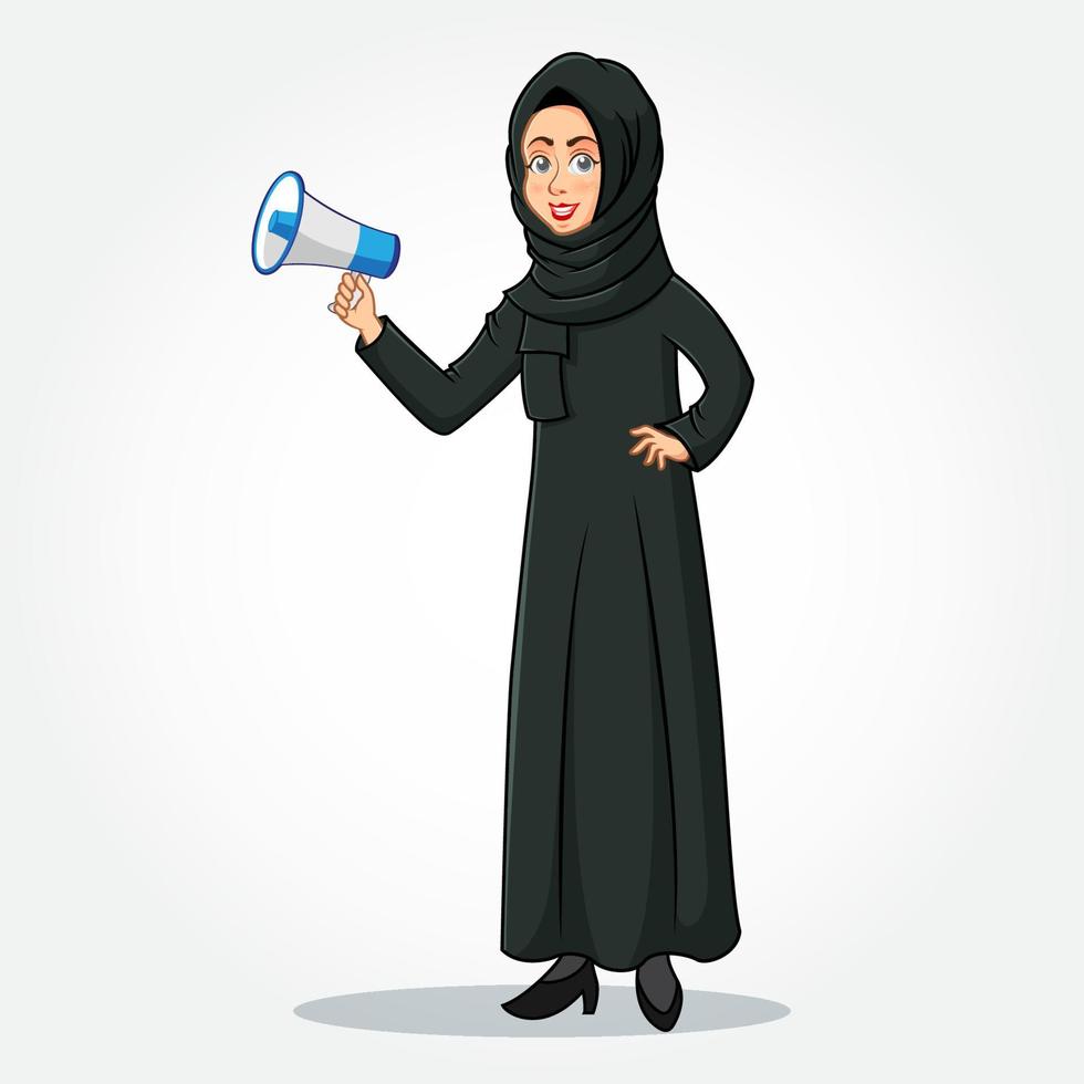 personaje de dibujos animados de mujer de negocios árabe en ropa tradicional sosteniendo un megáfono vector