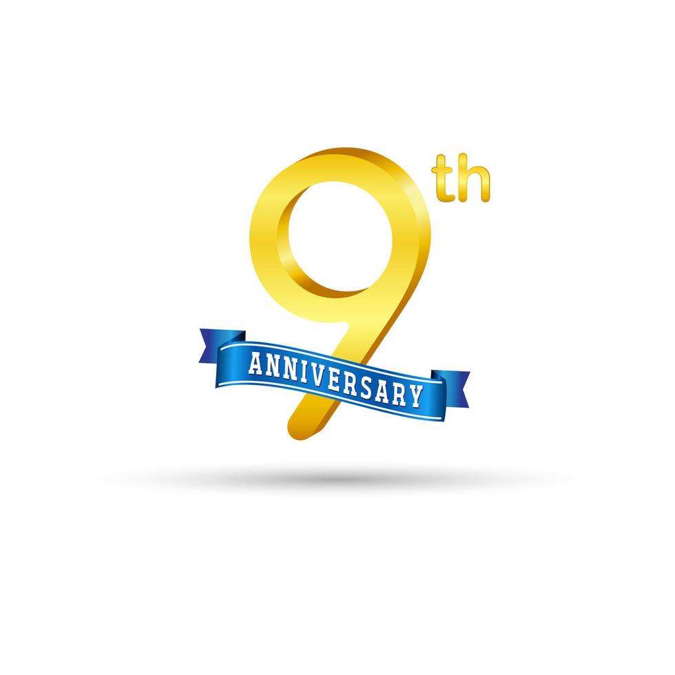 Logotipo del noveno aniversario de oro con cinta azul aislada en fondo blanco. logotipo de aniversario de oro 3d vector