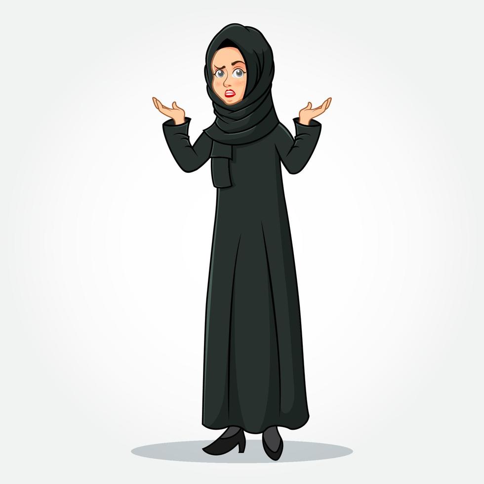 personaje de dibujos animados de mujer de negocios árabe en ropa tradicional con gestos confusos vector