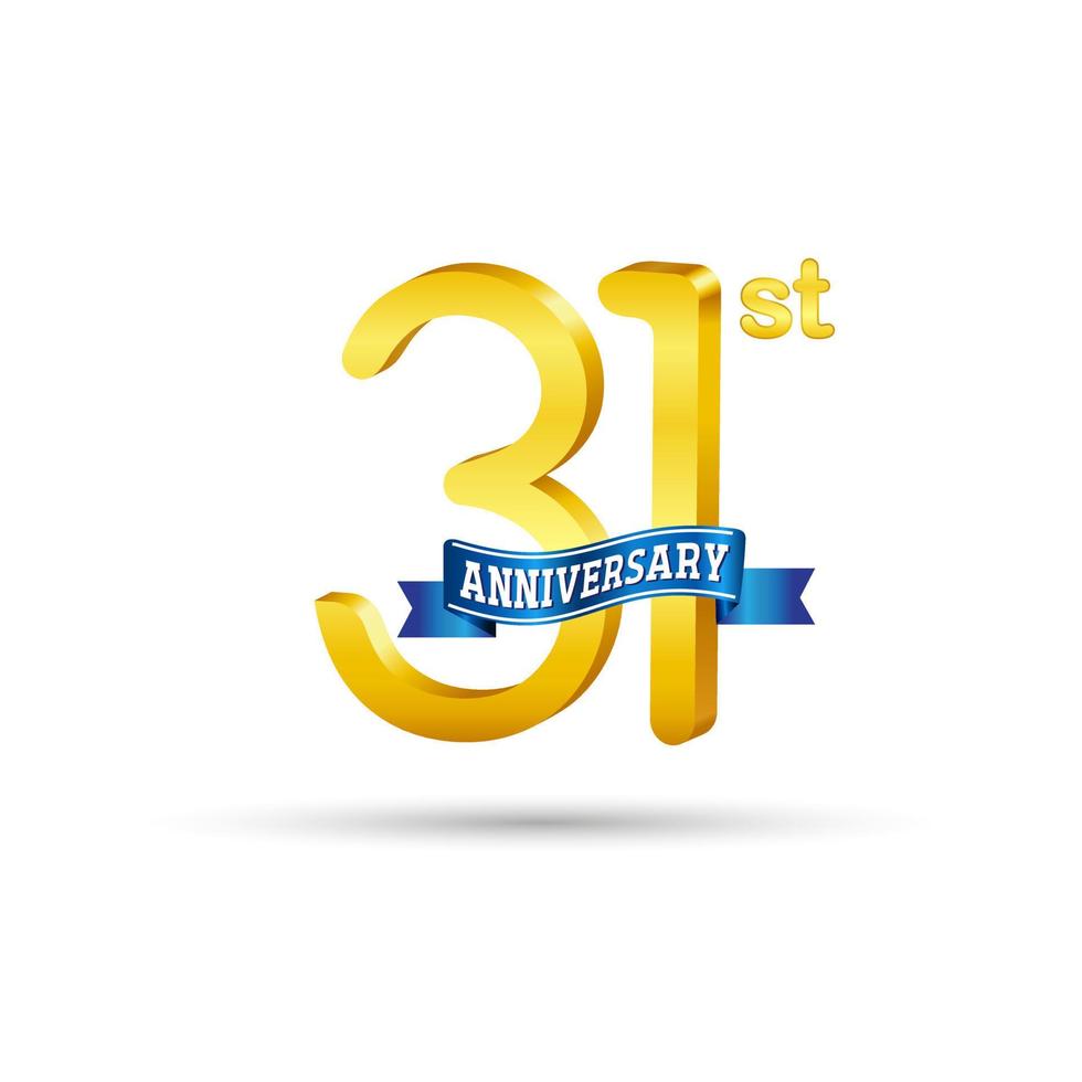 31st golden Anniversary logo with blue ribbon isolated on white background. 3d gold Anniversary logo vector