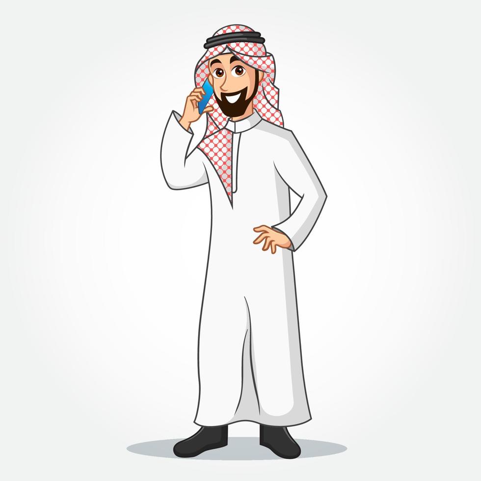 Arabic Businessman cartoon Character in traditional clothes talking on the mobile phone vector