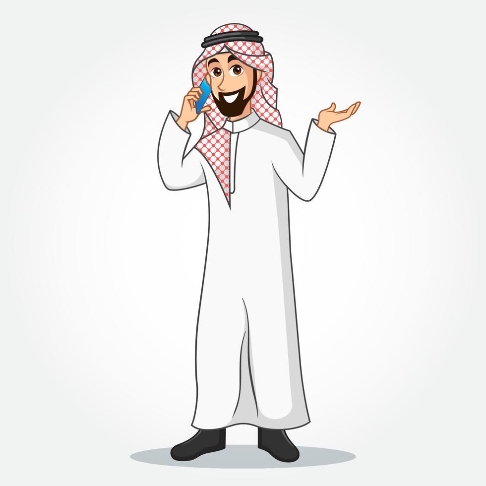 Arabic Businessman cartoon Character in traditional clothes speaking on smart phone and gesturing hand vector