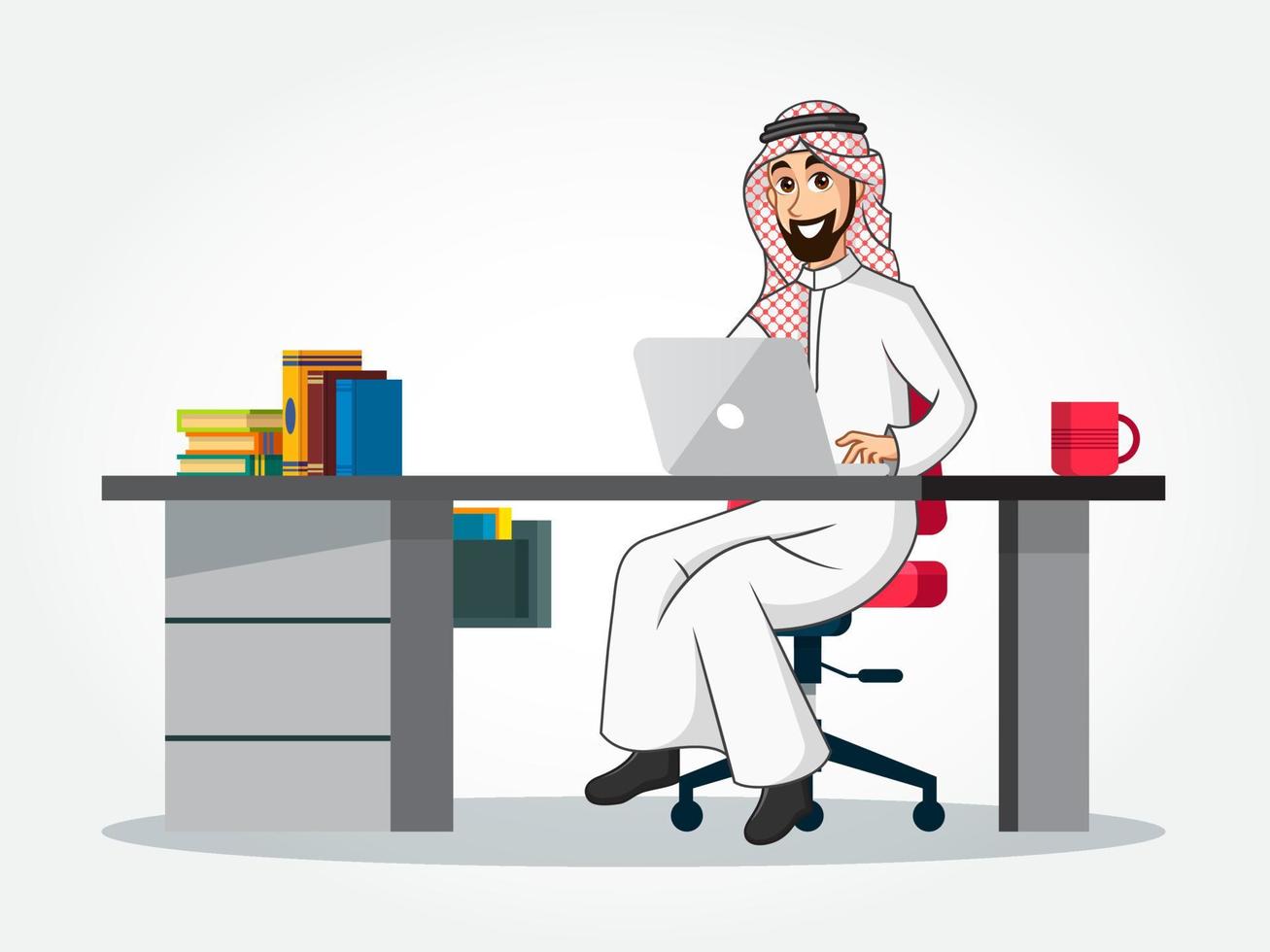 Arabic Businessman cartoon Character in traditional clothes sitting at his desk with laptop vector