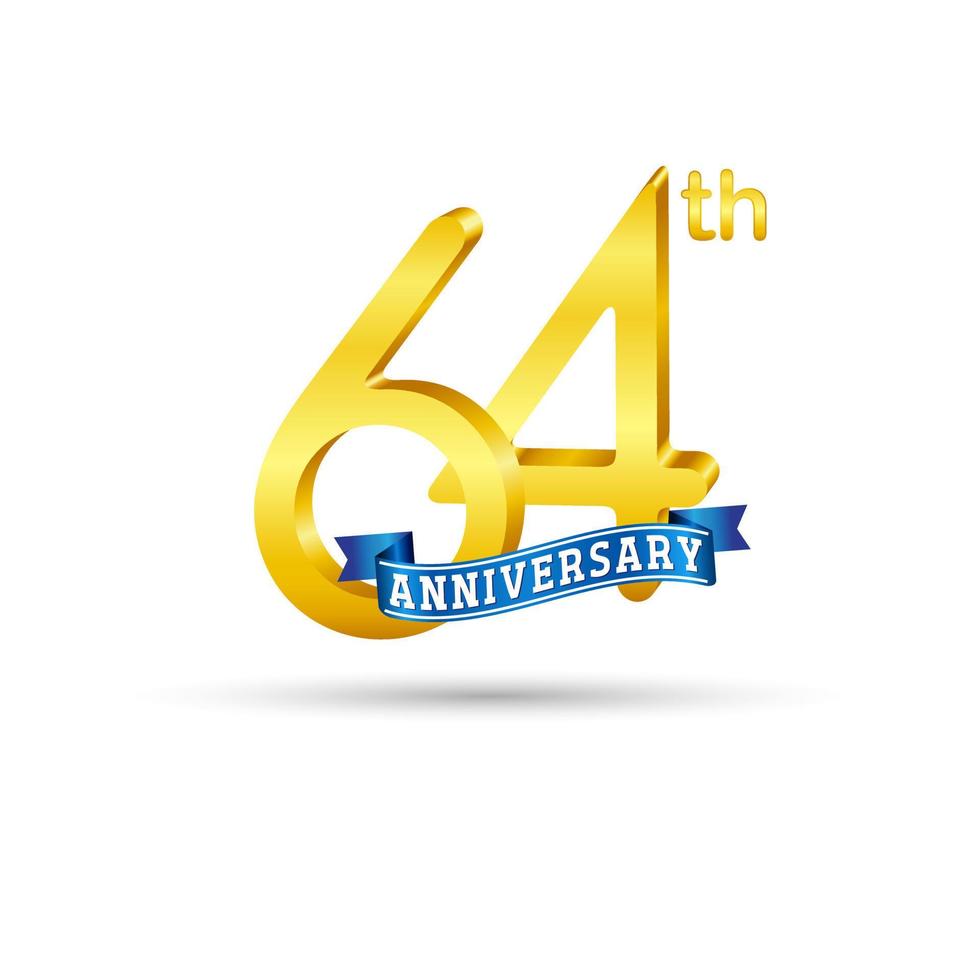 64th golden Anniversary logo with blue ribbon isolated on white background. 3d gold Anniversary logo vector