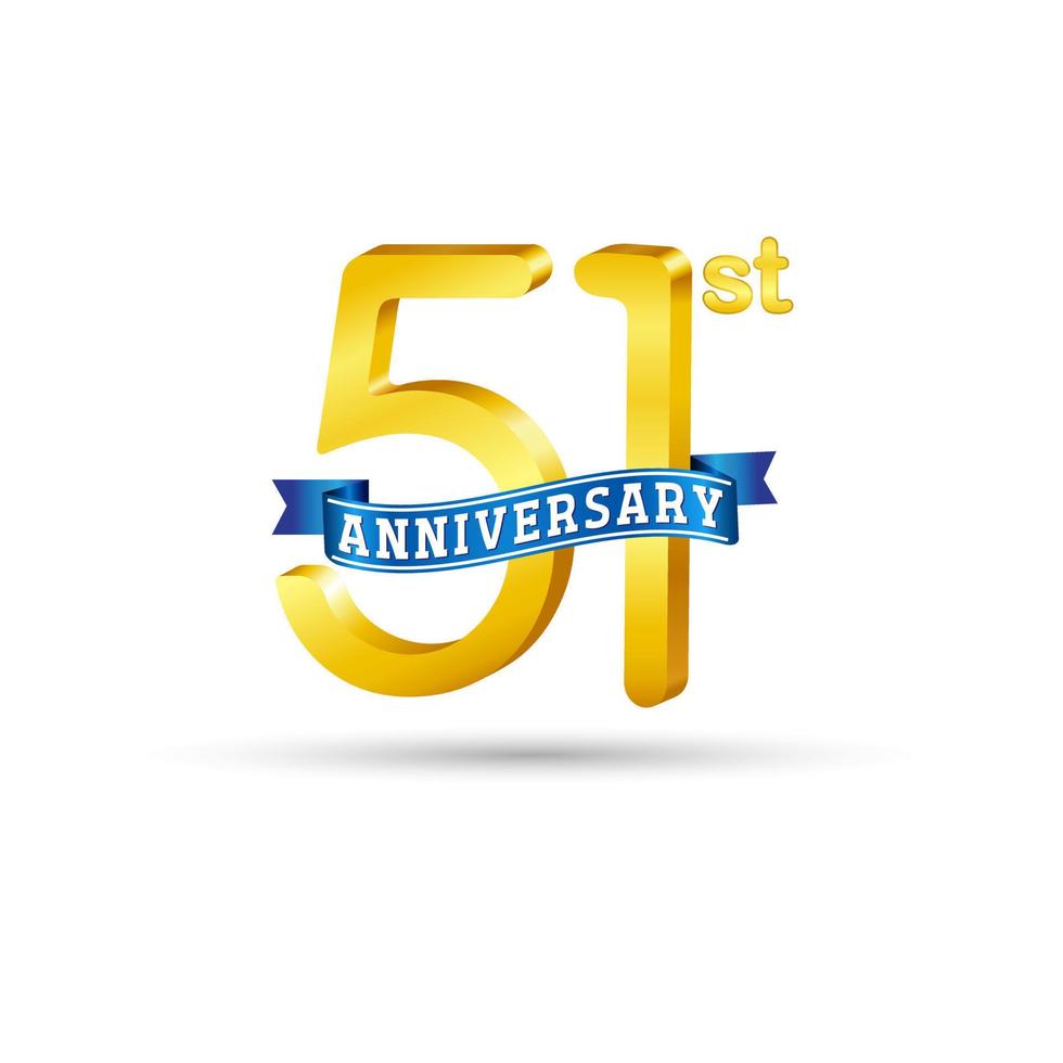 51st golden Anniversary logo with blue ribbon isolated on white background. 3d gold Anniversary logo vector